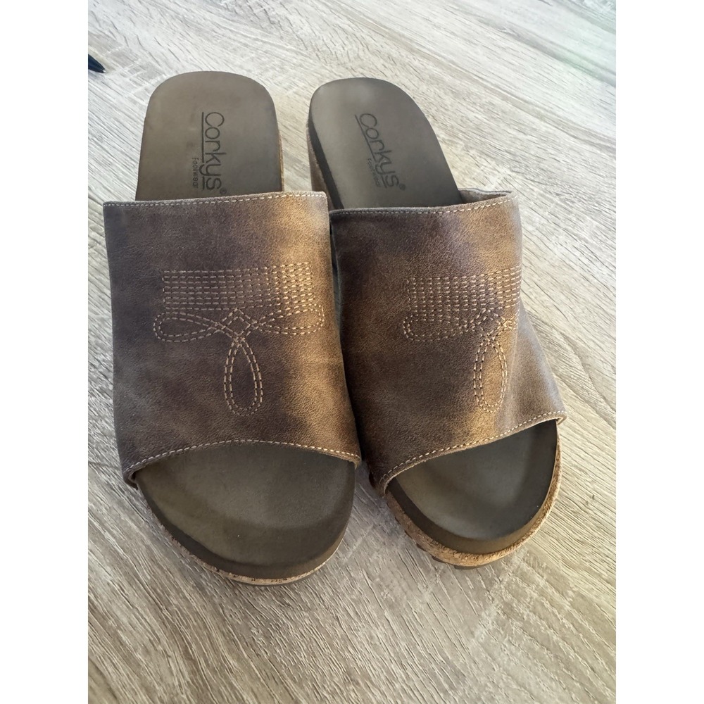 Corky's Size 7 Brown Leather Western Wedge Cork Heals EUC SB19